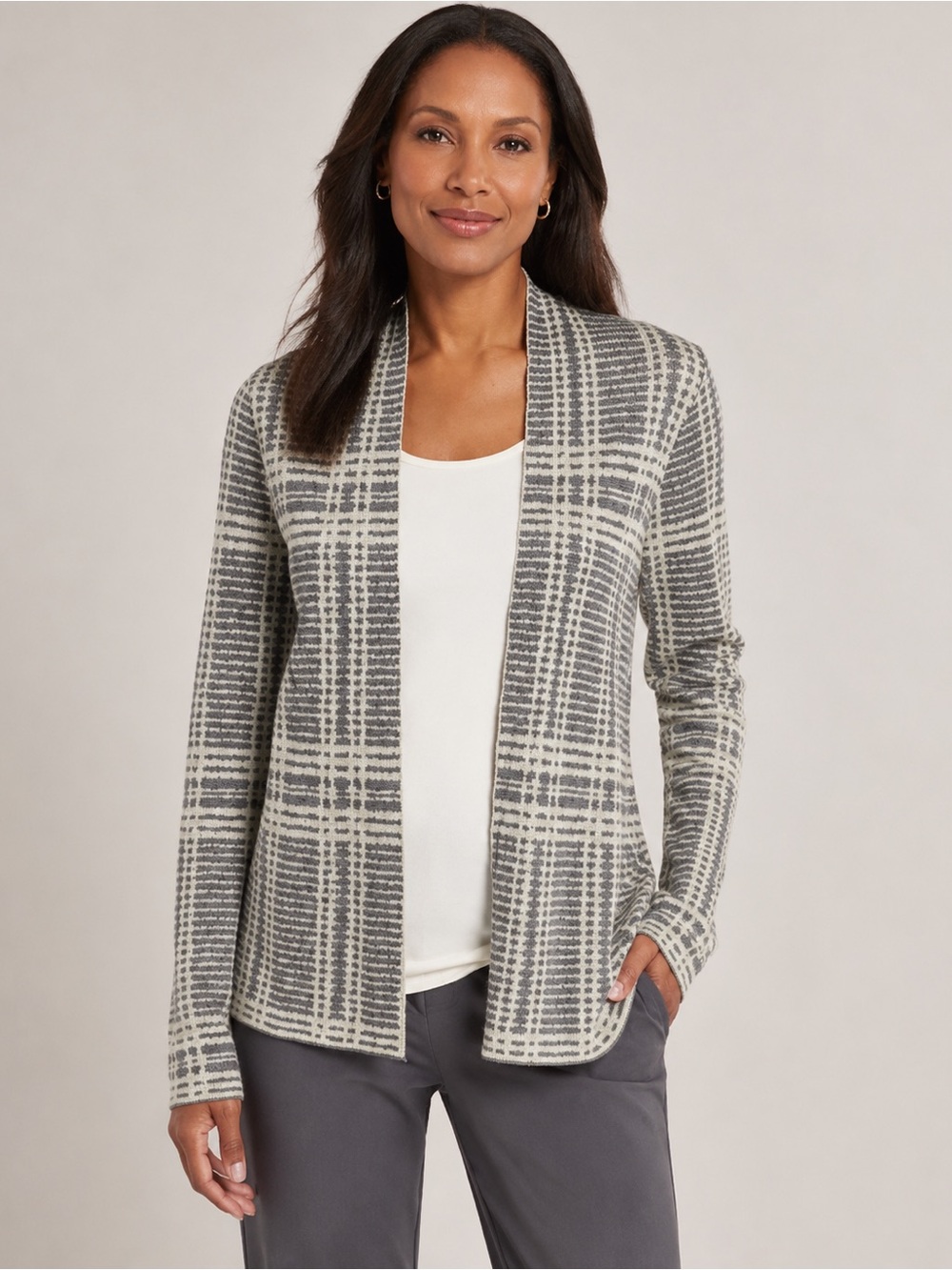 Eileen Fisher Gray Ivory Plaid Open Cardigan Women’s Large Tencel Merino Wool